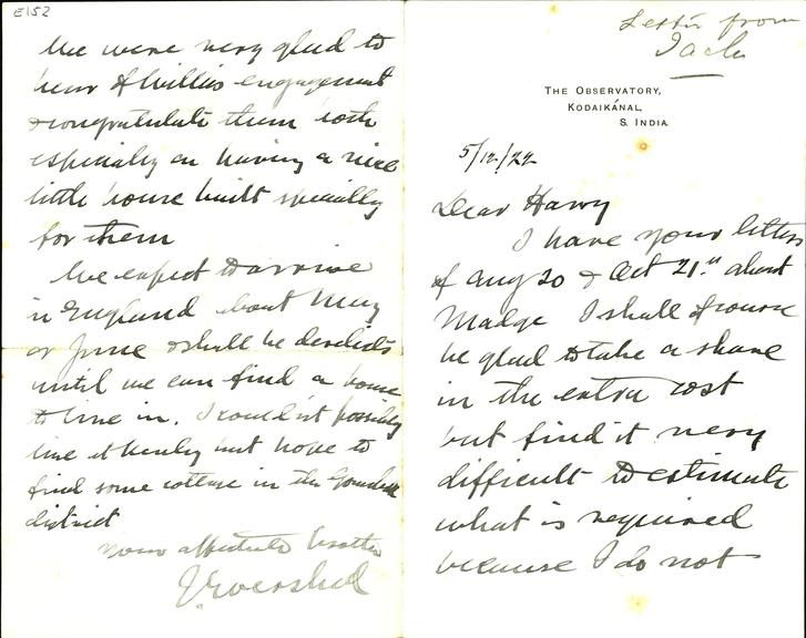 A handwritten letter from J. Evershed to Harry, written on Kodaikanal paper