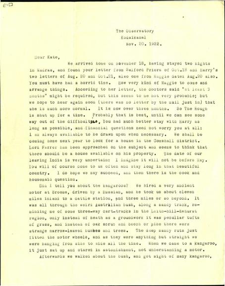 A typed letter from J. Evershed to Kate regarding an eclipse expedition