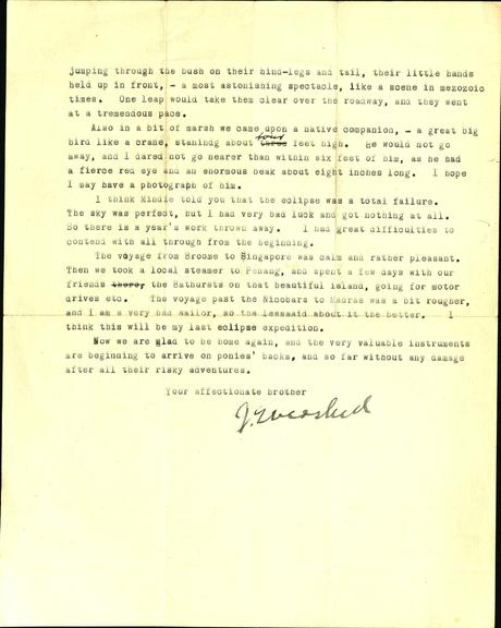 A typed letter from J. Evershed to Kate regarding an eclipse expedition