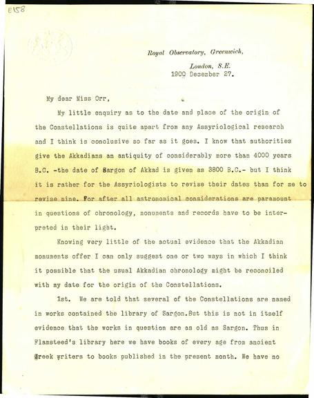 A typed letter from Walter Maunder to Miss Orr regarding origin of constellations