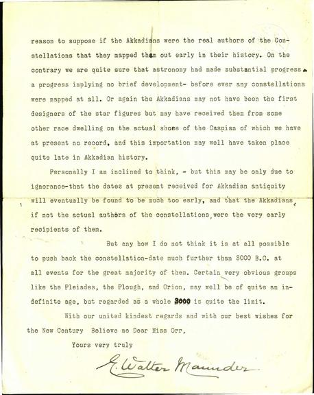 A typed letter from Walter Maunder to Miss Orr regarding origin of constellations
