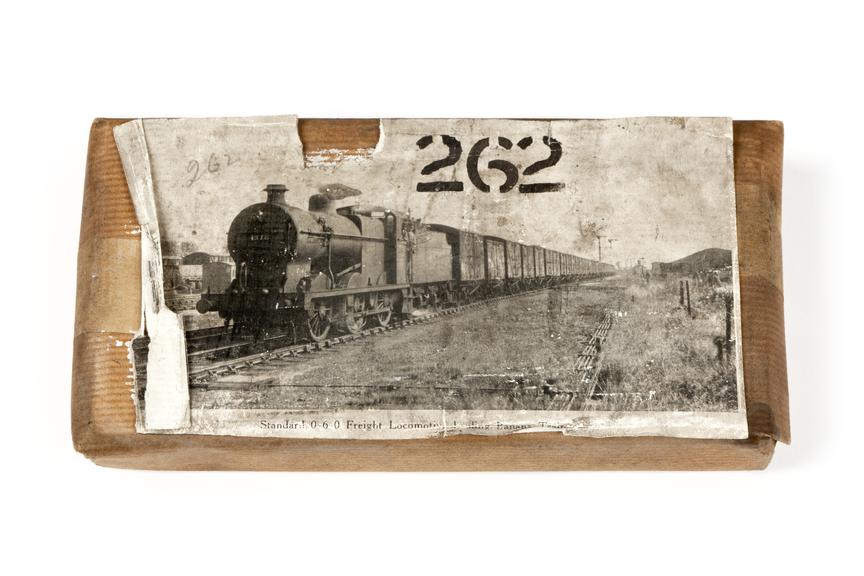 A printing block with a surface image of a 0-6-0 freight