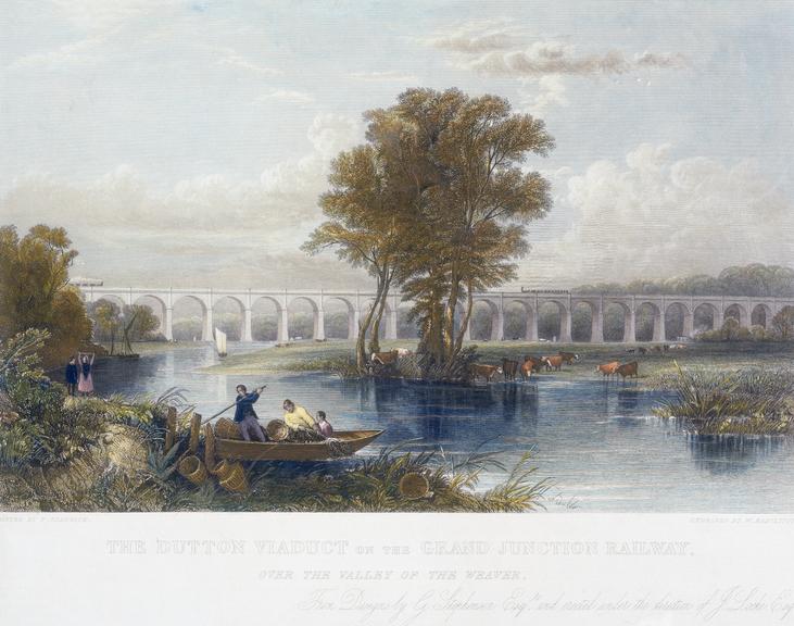 Engraving: coloured: The Dutton Viaduct on the Grand Junction