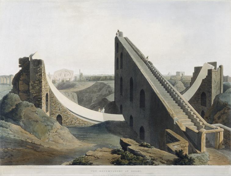 One of a pair of coloured aquatints, The Observatory at Delhi