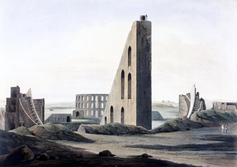 One of a pair of coloured aquatints, The Observatory at Delhi