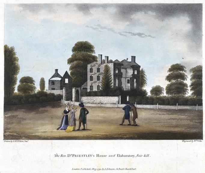 Print: Coloured aquatint: The Rev Dr Priestley's House and