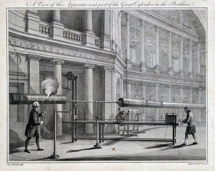 Engraving of a demonstration to compare lightning conductor designs