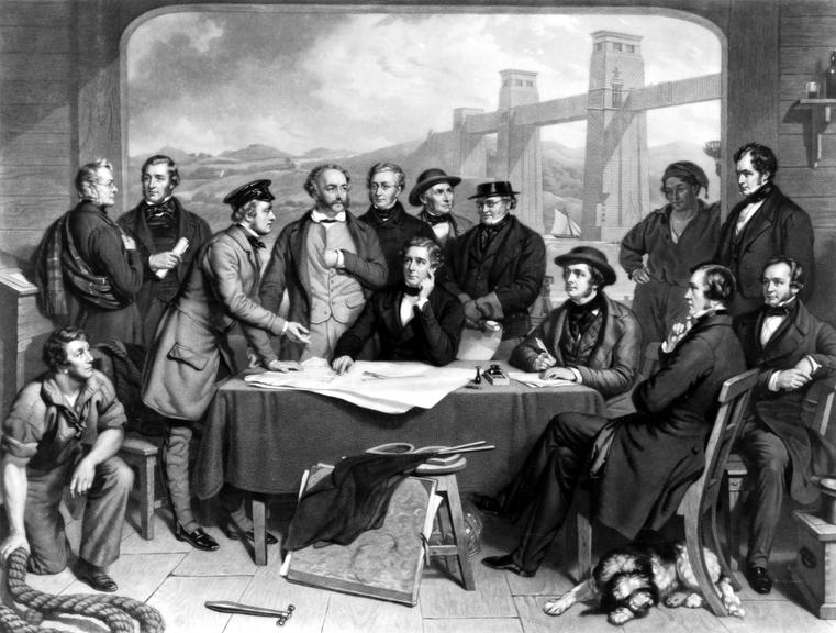 Robert Stephenson, M.P. and the most celebrated engineers raising the tubular bridge