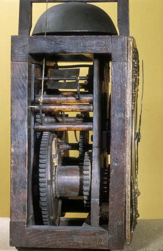 Harrison's eight-day wooden clock movement, with pendulum, weights and parts