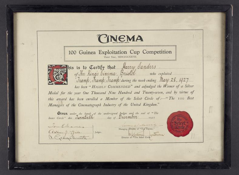 Framed certificate from 'The Cinema' magazine '100 Guinea