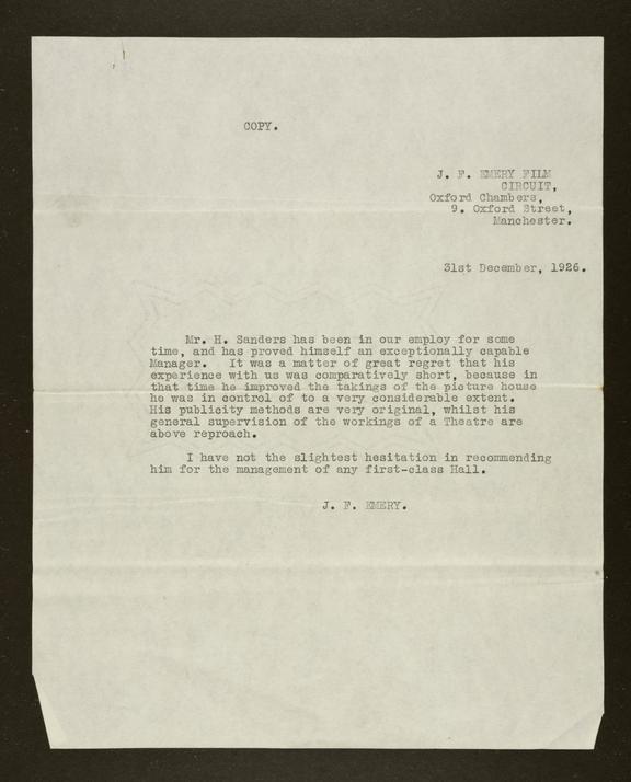 Letter of recommendation for Harry Sanders from J F Emery