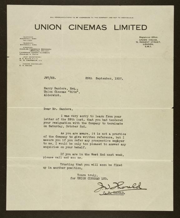 Letter of recommendation for Harry Sanders from J  Thould