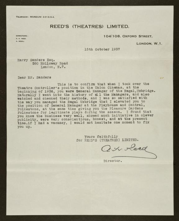 Letter of recommendation for Harry Sanders from A H Reed