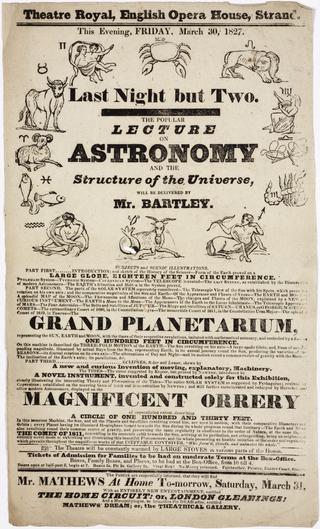 Handbill for an astronomy lecture by Mr Bartley on 30 March 1827