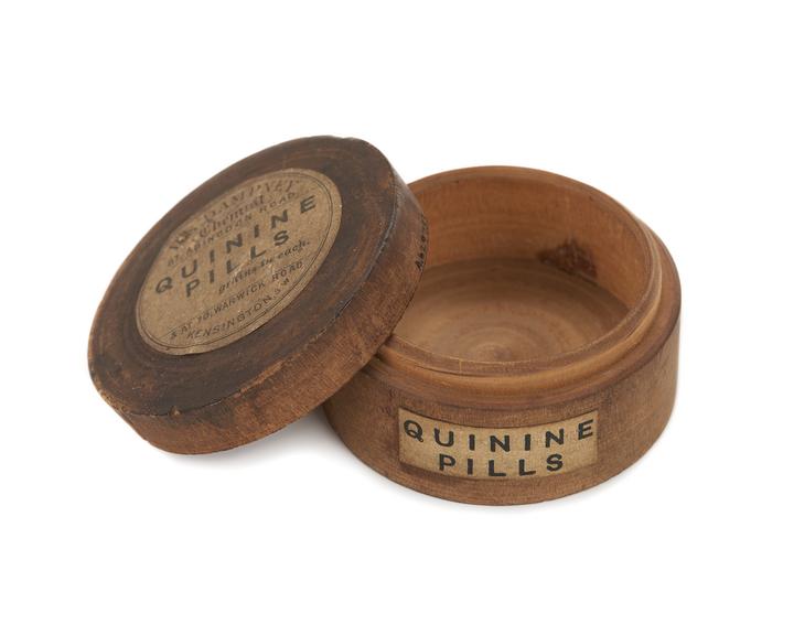 Pill box used for storing quinine pill labels, by R. S