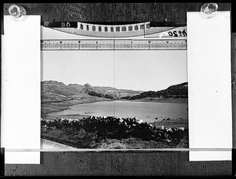 A glass plate negative of a view across a lake