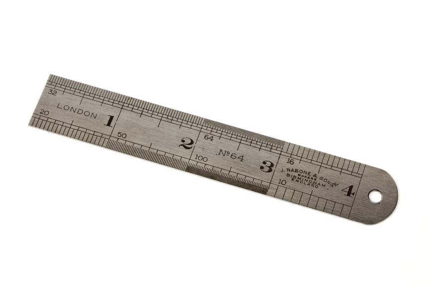 A 4-inch steel rule, made by J. Rabone & Sons.