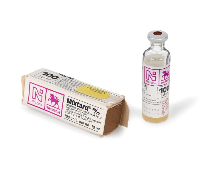 Vial of Mixtard 30/70 purified pork insulin, boxed