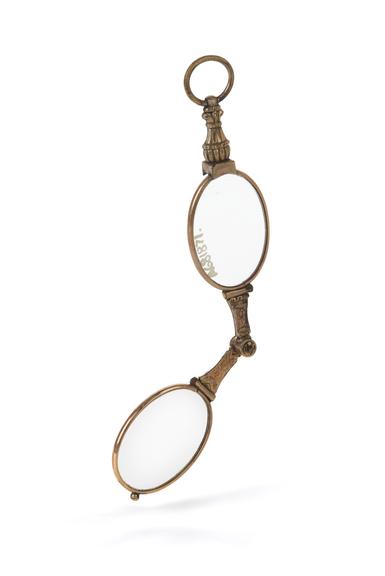 Spectacles, hand, folding, gilt metal, English, 1820-1890.