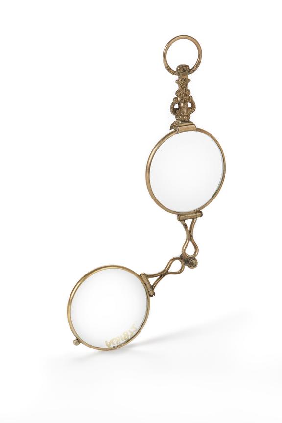 Spectacles hand, folding, gilt metal, English, 1780-1880.