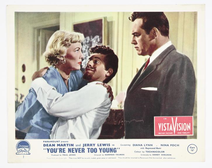 Coloured lobby card for 'You're Never Too Young', 1955.