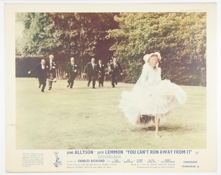 Coloured lobby card from 'You Can't Run Away From It', 1956.