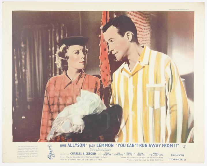 Coloured lobby card from 'You Can't Run Away From It', 1956.