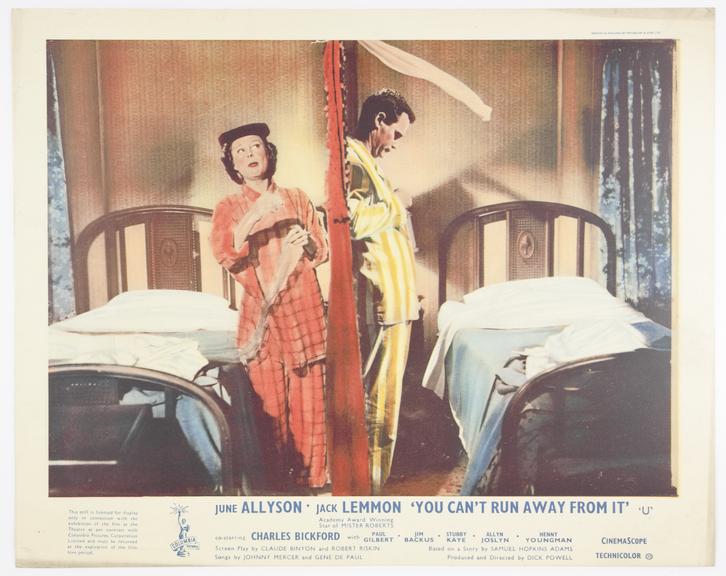 Coloured lobby card from 'You Can't Run Away From It', 1956.