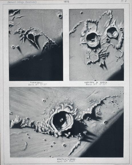 Colour print showing three sketches of craters on the Moon (prints; lithographs; Moon)