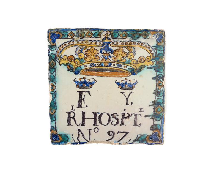 Tile, earthenware, tin-glazed, used as house number, Spanish