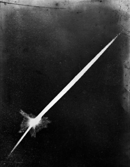 Photograph of exploding meteor, in flame Inscription: CTSU.