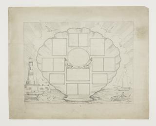 Sketch for cinema advertising screen featuring shell design