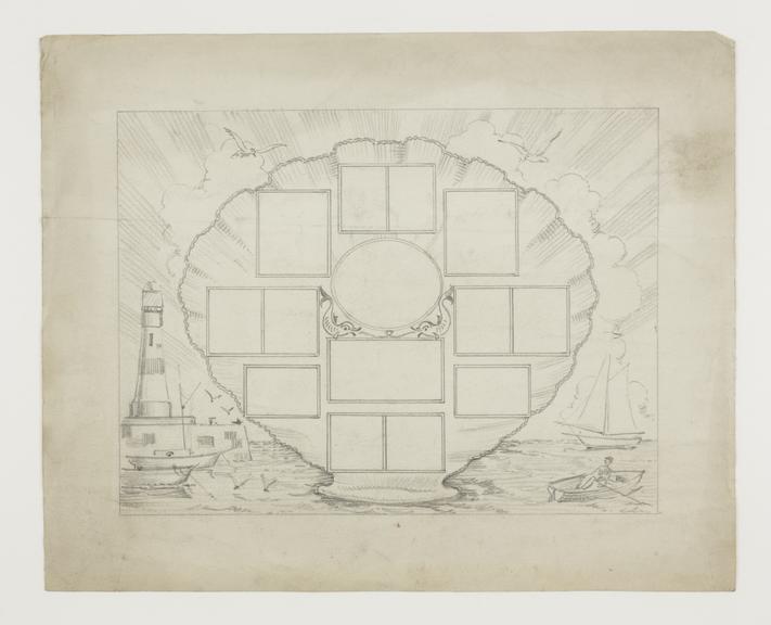 Sketch for cinema advertising screen featuring shell design