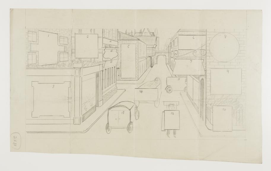 Sketch for cinema advertising screen featuring street scene