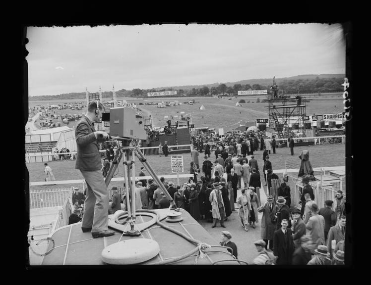 BBC television cameraman at Epsom racecourse, Surrey