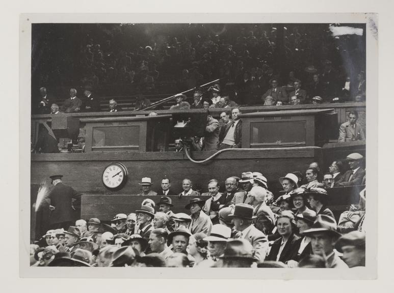 Photograph showing an Emitron camera installed at Centre Court