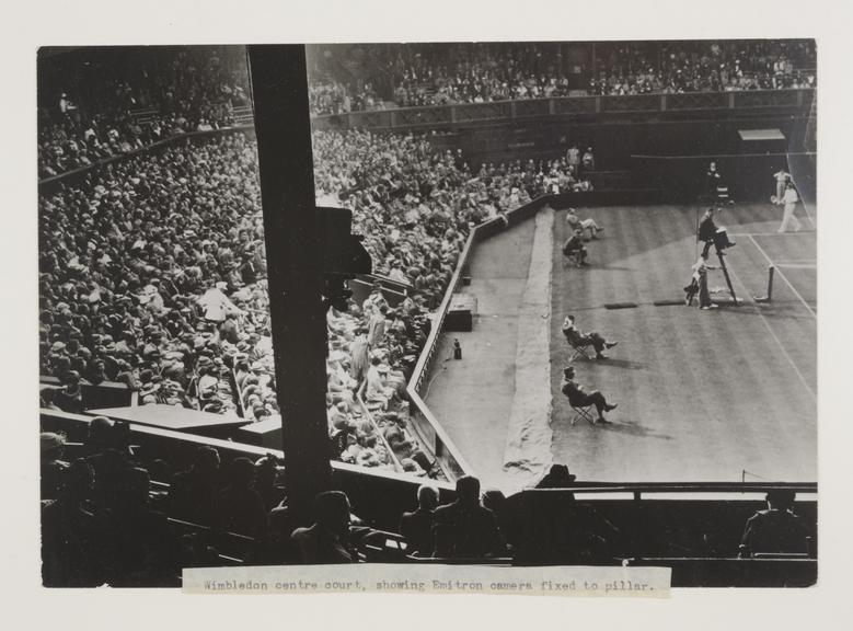 Photograph showing an Emitron camera installed at Centre Court