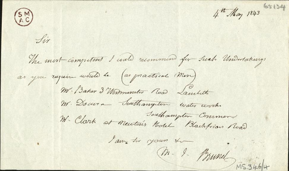 A letter from Brunel recommending "practical men"