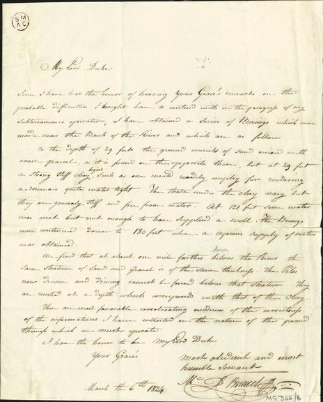 A letter from Brunel to Lord Duke regarding test borings next to the River Thames