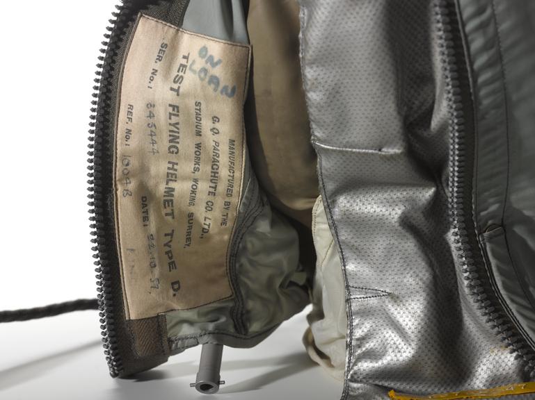 Test pilot's partial-pressure flying helmet and box. by G.Q. Parachute Co Ltd. October 1957