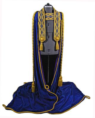 Velvet Railway Queen gown, blue and gold