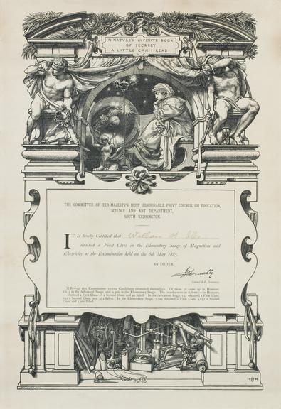 Prize certificate awarded by the Department of Science and Art to Mr William H. Iles