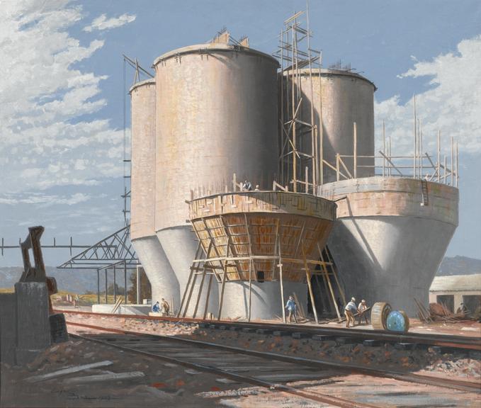 Painting, oil on canvas, Building Water Tanks, by Lyam Bree