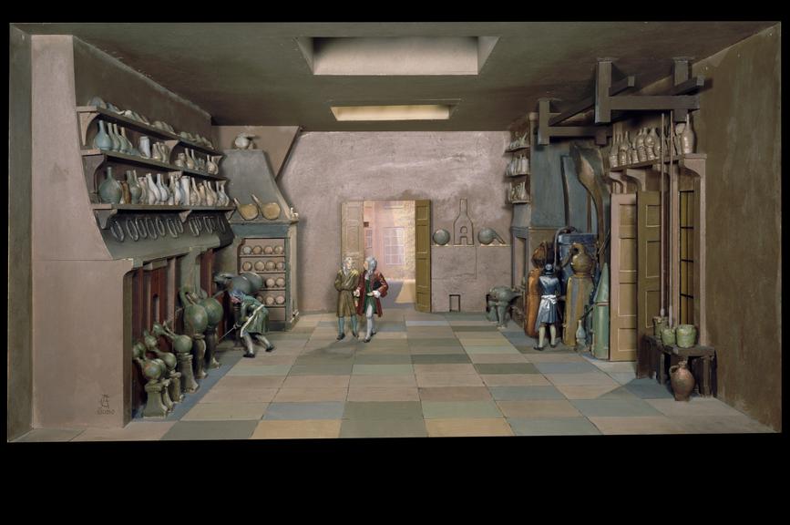 Diorama showing a chemical laboratory in the early 1700s, England, 1901-1970