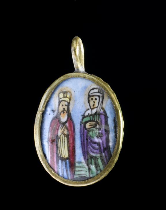 Ceramic pendant in metal mount, depicts 2 saints on 1 side