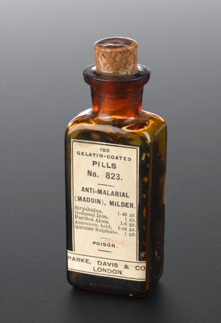 Bottle of 100 anti-malarial pills, London, England, 1891-1940