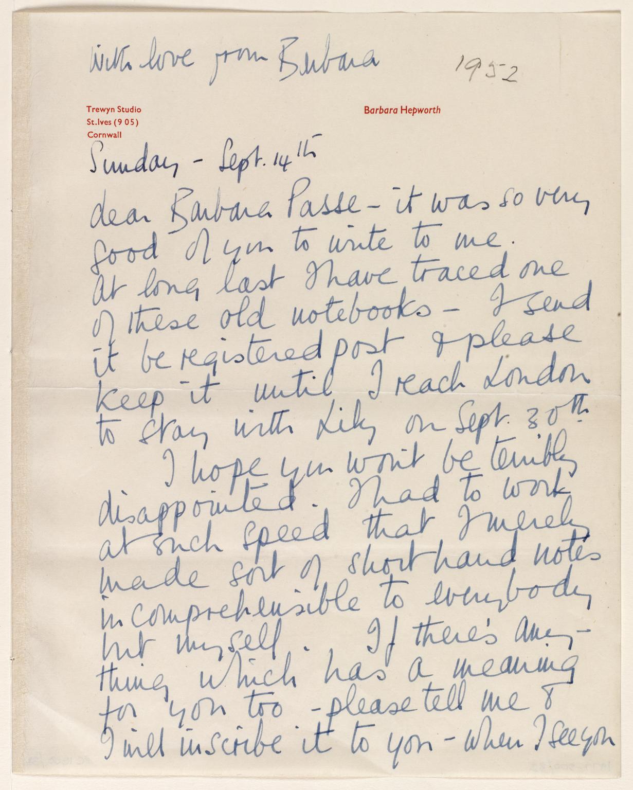 Barbara Hepworth's 14 Sept 1952 letter to Barbara Passe