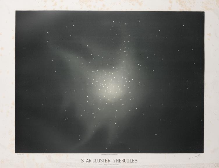 Colour lithograph of star cluster in Hercules