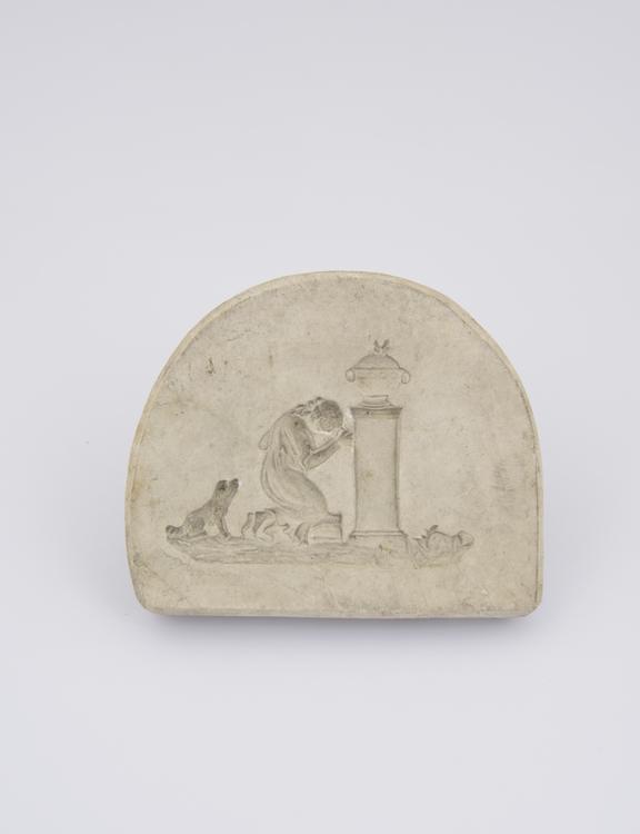 1 Plaster mould, woman kneeling before altar, and dog