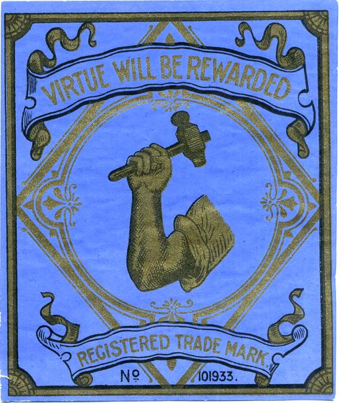 Shipper's ticket depicting an arm wielding a hammer, blue background